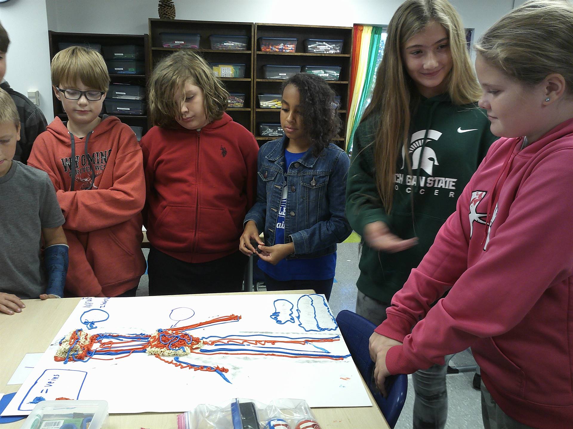 Students standing around table