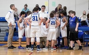 Basketball team in a huddle.