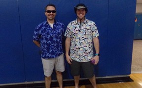 Mr. Sowa and Mr. Vietzke dressed for Fun in the Sun assembly