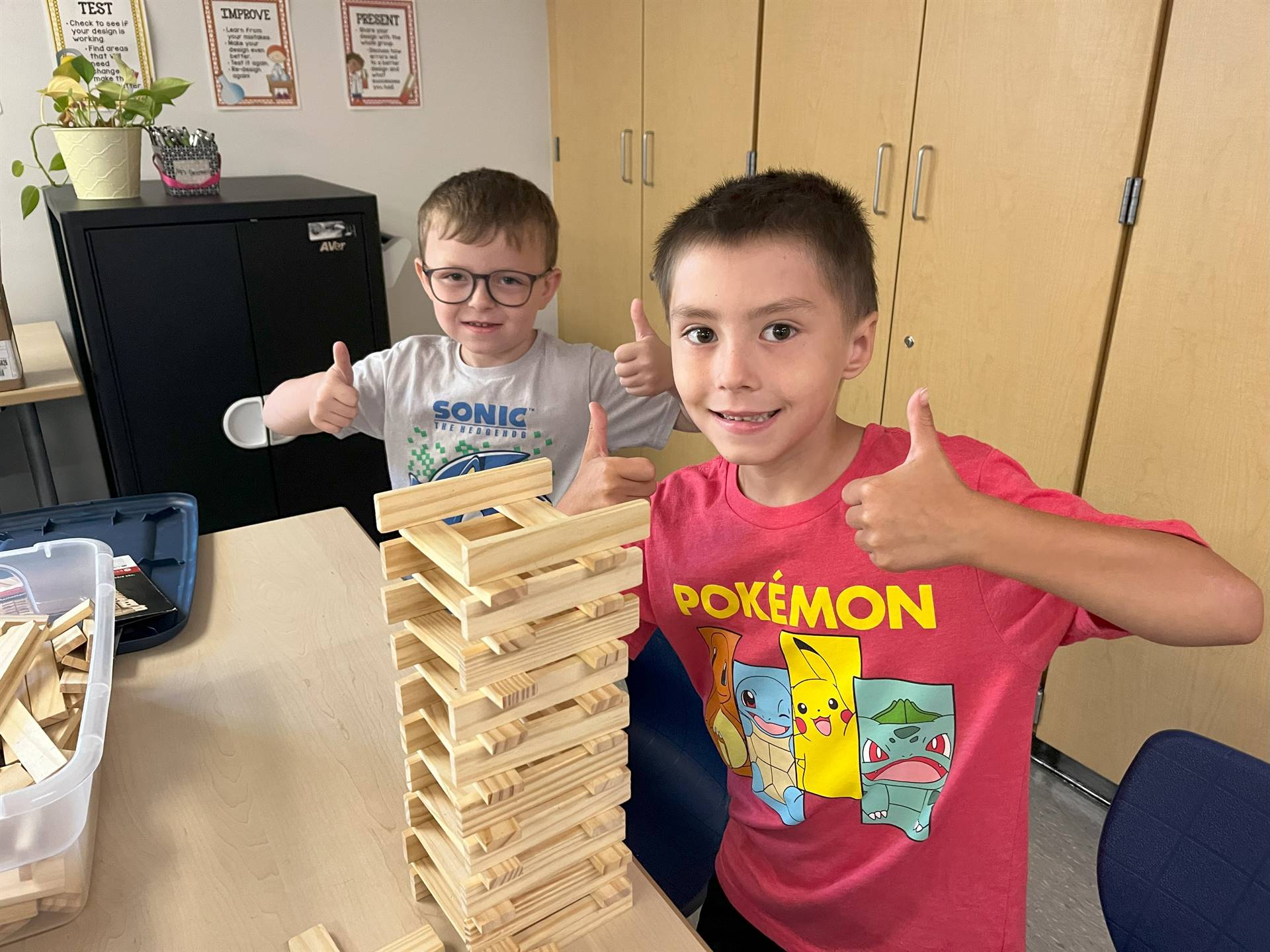 Students building a tower