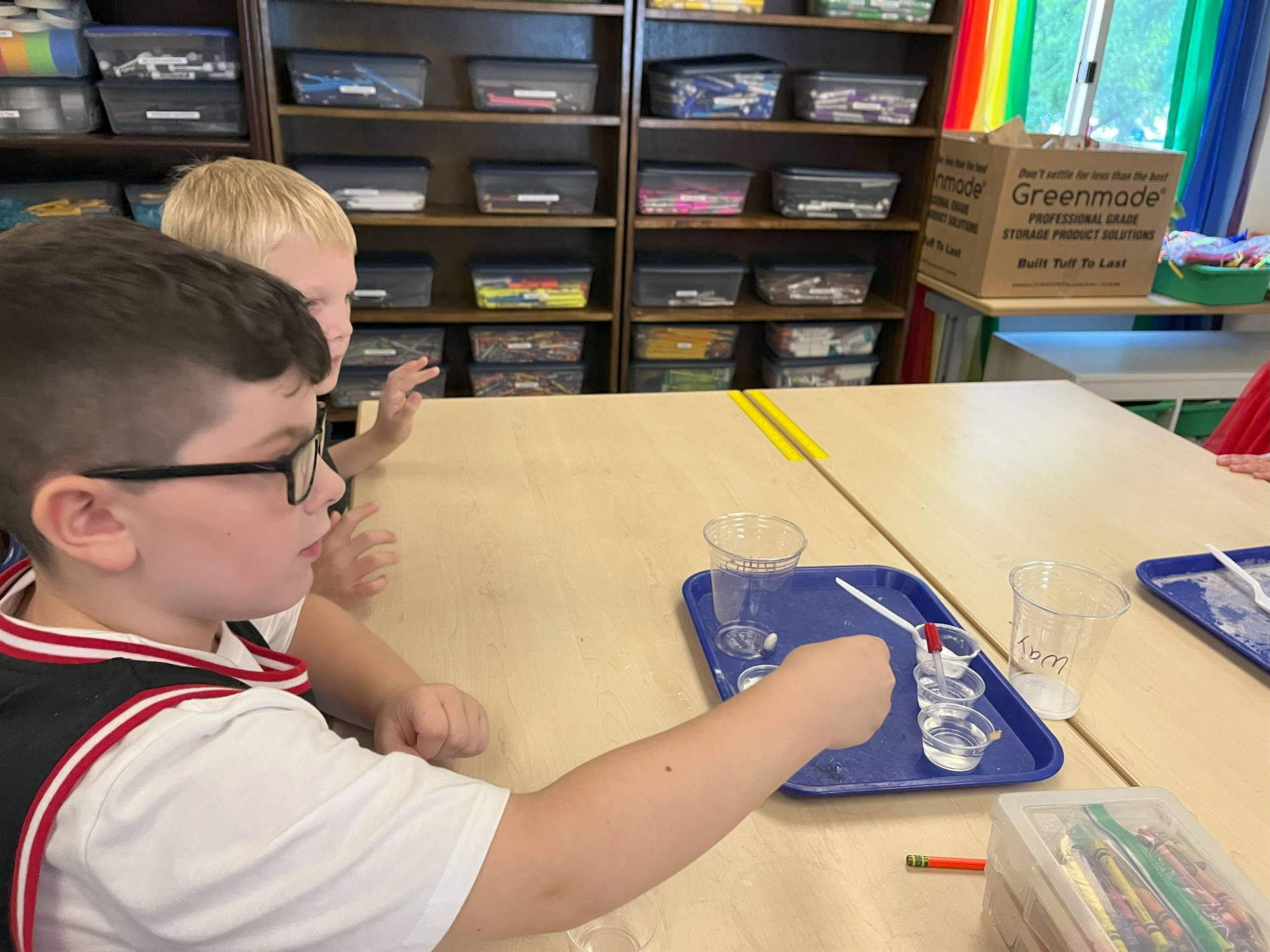 Students looking at tray